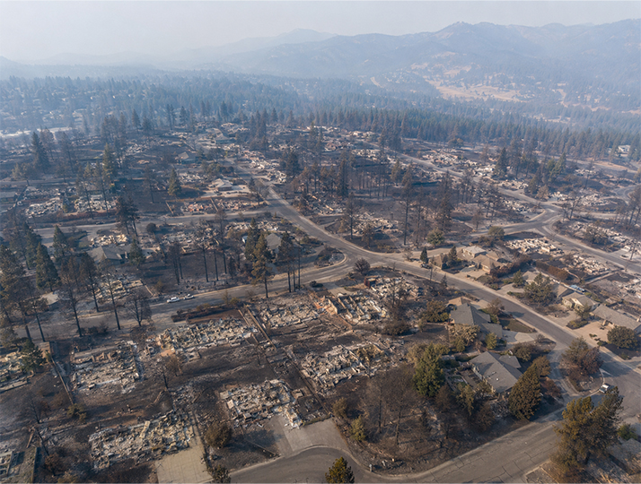 Aerial view of homes destroyed by the Old Trails wildfire in Spokane